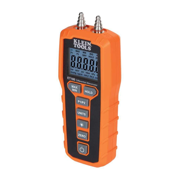 Klein Tools ET180 Digital Manometer, Air and Gas Pressure Tester, Differential Dual Port Pressure Gauge, Large LCD Display with Backlight