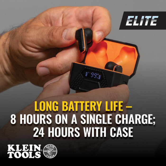 Klein Tools AESEB2 Elite Bluetooth Jobsite Earbuds, True Wireless Earplugs, 25dB NRR Hearing Protection, 24-Hour Playtime, Digital LED Display