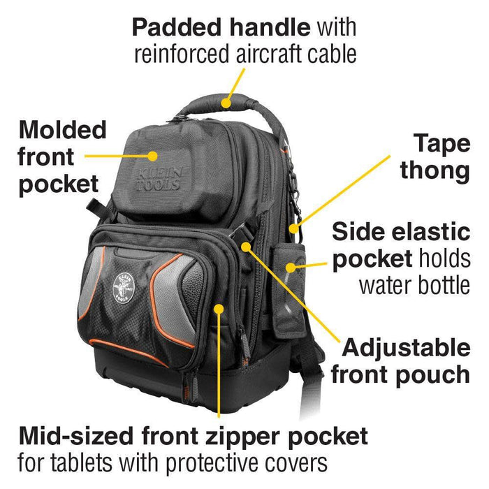 Klein Tools 55485 Tool Bag Backpack, Durable Electrician Backpack with 48 Pockets for Hand Tools, Waterproof Bottom, Removable Tool Carrier