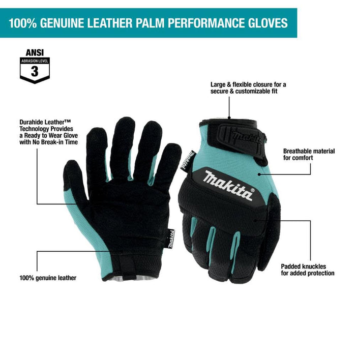 Makita 100% Genuine Leather-Palm Performance Gloves (Size Large)