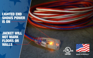 Southwire 100-Feet, Contractor Grade, 12/3 Extension Cord, With Lighted End, Red White And Blue, American Made Extension Cord, Indoor and Outdoor Use, Water Resistant Flexible Jacket