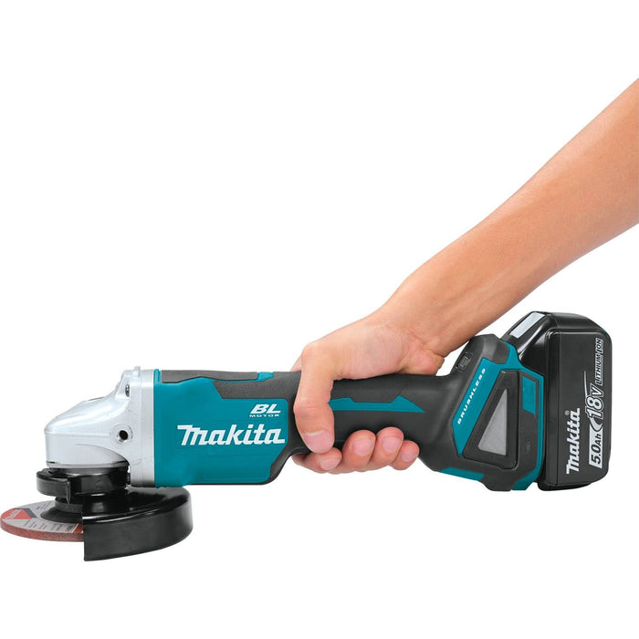 Makita XAG11T - 18V LXT Lithium-Ion Brushless Cordless 4-1/2” / 5" Paddle Switch Cut-Off/Angle Grinder Kit, electric brake, bag, lock-off, no lock-on (5.0Ah)