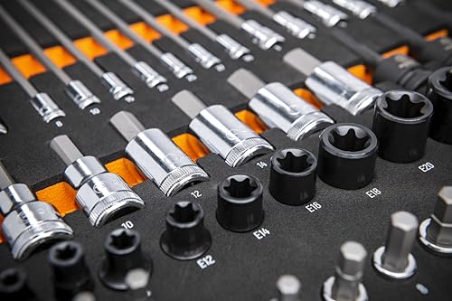 GEARWRENCH 74 Piece 1/4�, 3/8�, 1/2� Drive Metric Bit Socket Set in Foam Storage Tray - GWMSBSKCBMM