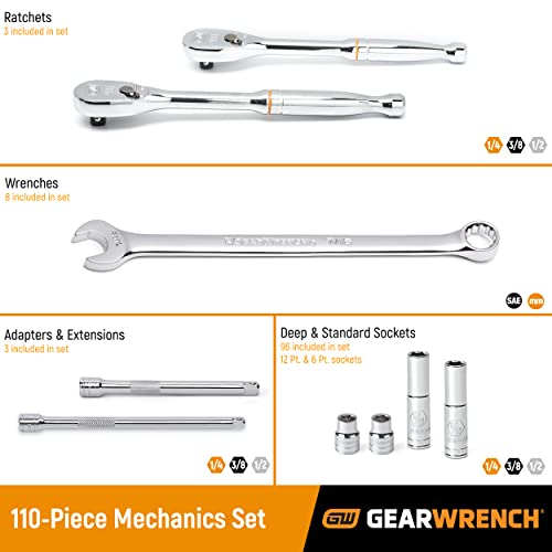 GEARWRENCH 110 Pc. 1/4", 3/8" & 1/2" Drive 6 & 12 Pt. Mechanics Tool Set, Standard & Deep, SAE/Metric - 89058