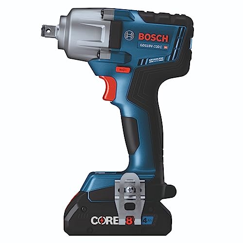 BOSCH 18V Brushless Connected-Ready 1/2 In. Mid-Torque Impact Wrench Kit with Friction Ring and Thru-Hole and (2) CORE18V 4 Ah Batteries