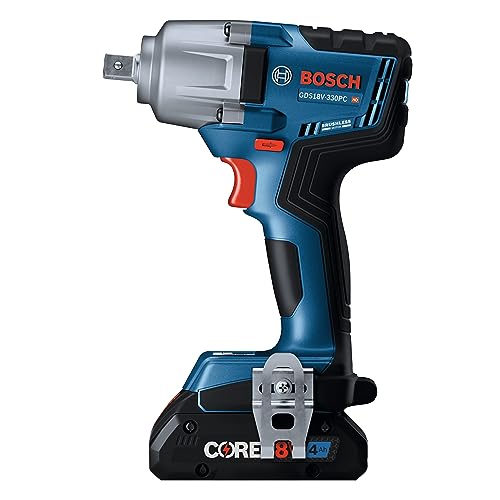 BOSCH 18V Brushless Connected-Ready 1/2 In. Mid-Torque Impact Wrench Kit with Friction Ring and Thru-Hole and (2) CORE18V 4 Ah Batteries