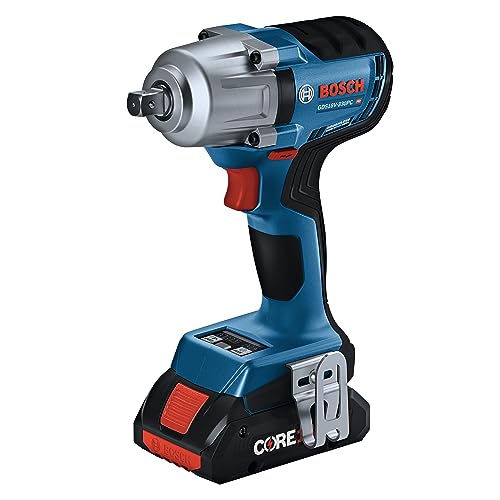 BOSCH 18V Brushless Connected-Ready 1/2 In. Mid-Torque Impact Wrench Kit with Friction Ring and Thru-Hole and (2) CORE18V 4 Ah Batteries