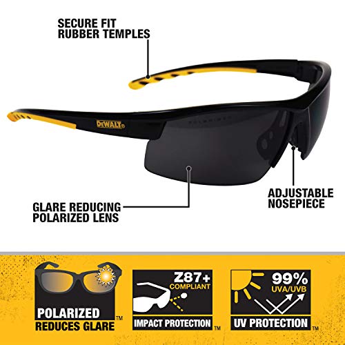 DEWALT DPG99 HDP Polarized Safety Glasses ANSI Z87.1+ Rated Protective Eyewear with Rubber Temples, Adjustable Nosepiece, Neck Cord & Carry Bag