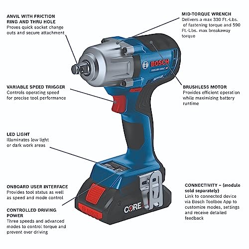 BOSCH 18V Brushless Connected-Ready 1/2 In. Mid-Torque Impact Wrench Kit with Friction Ring and Thru-Hole and (2) CORE18V 4 Ah Batteries