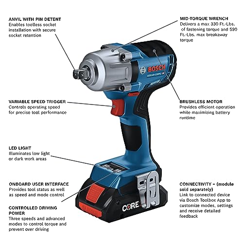 BOSCH 18V Brushless Connected-Ready 1/2 In. Mid-Torque Impact Wrench Kit with Friction Ring and Thru-Hole and (2) CORE18V 4 Ah Batteries