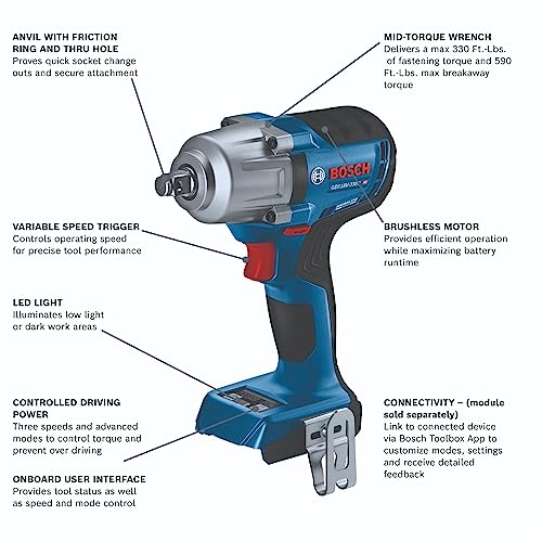 BOSCH 18V Brushless Connected-Ready 1/2 In. Mid-Torque Impact Wrench Kit with Friction Ring and Thru-Hole and (2) CORE18V 4 Ah Batteries